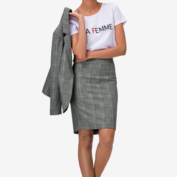 Plus size Smart Casual PENCIL SKIRT Plaid gray black and white midi‎ - Picture 1 of 4